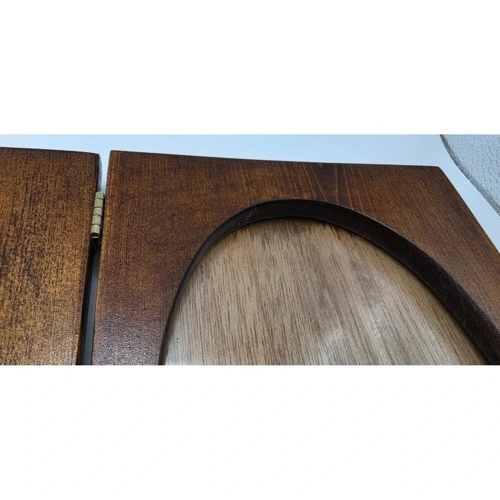 Vintage Folding Wood Picture Frame Dark Brown Hinged Oval Photo Window 5x7 8x6